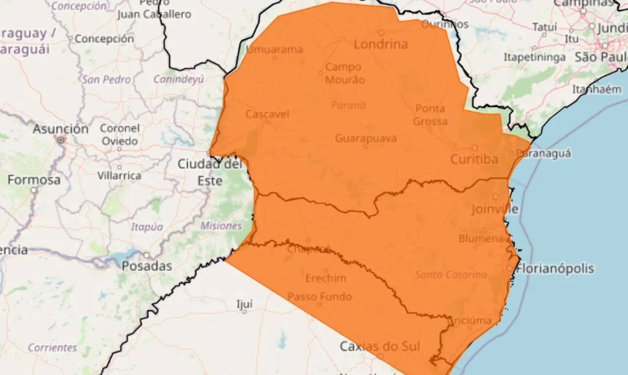 Trata-se de um alerta laranja para tempestade, ventania e granizo em parte da região Sul