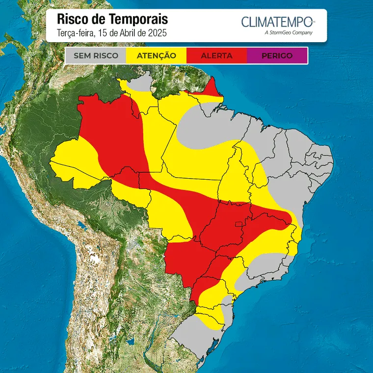 A imagem mostra as áreas para ocorrência de temporais nesta terça-feira (15)