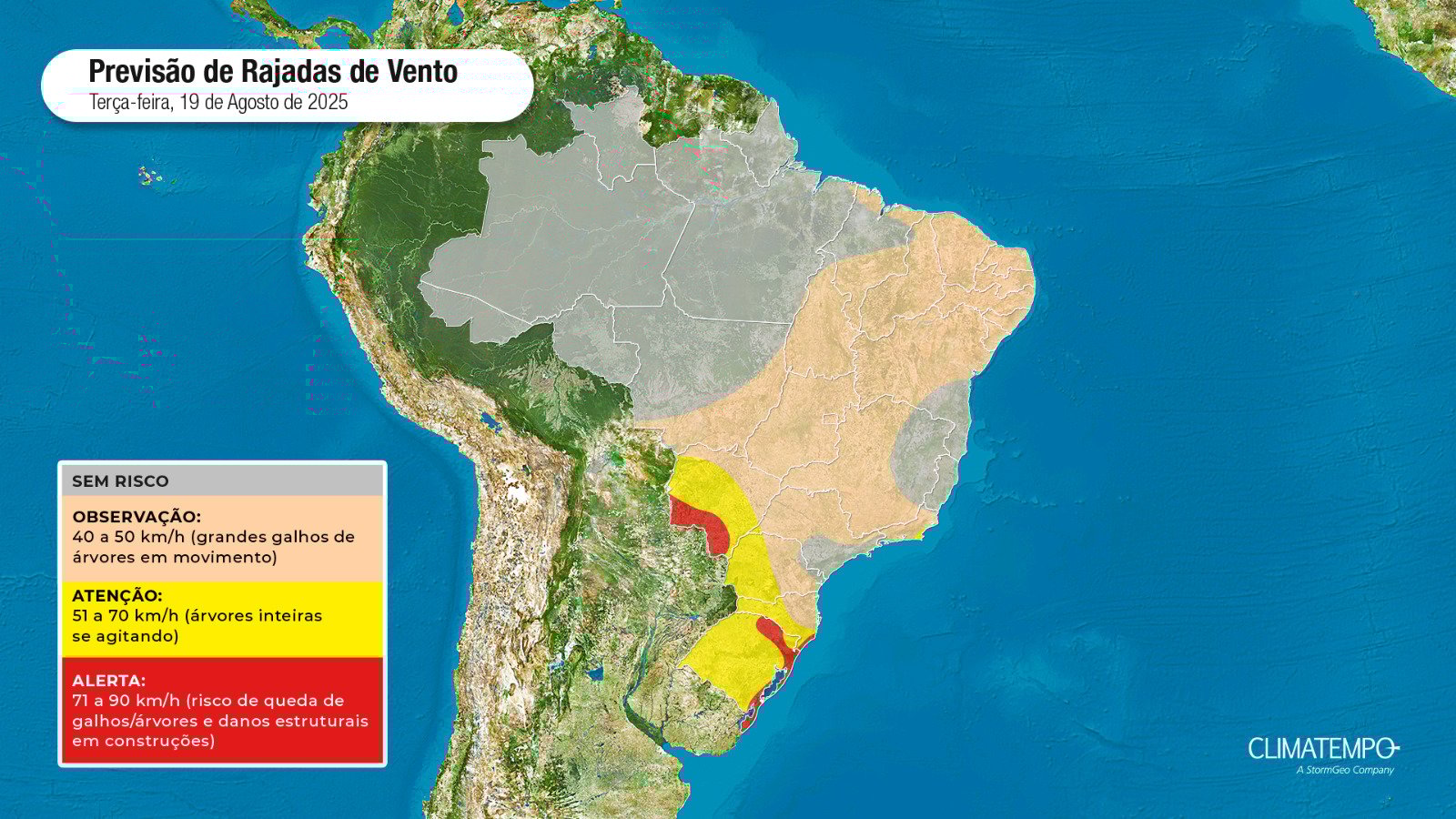 O mapa mostras as áreas em alerta para ocorrência de ventos no Sul e Centro-Oeste