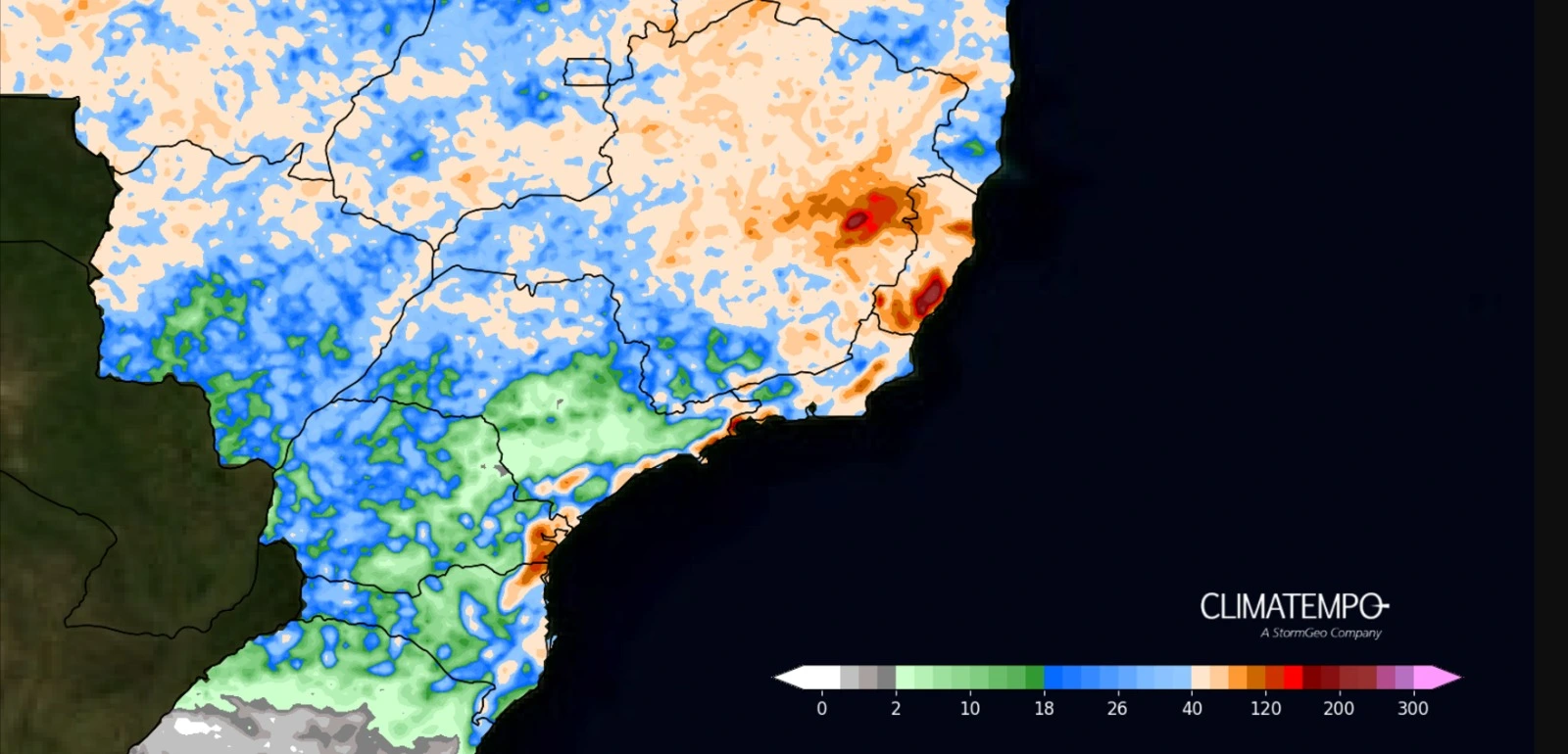 A imagem mostra um mapa de precipitação sobre o ES e RJ