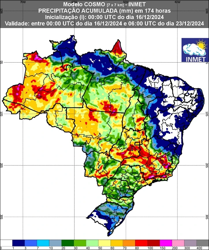 Trata-se de um mapa para chuvas previstas na terceira semana de dezembro de 2024