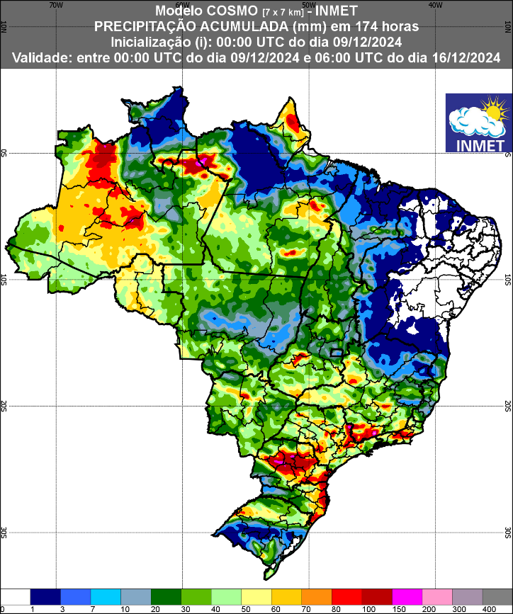 A imagem mostra um mapa de previsão de chuva para o país do dia 9 ao dia 16 de Dezembro