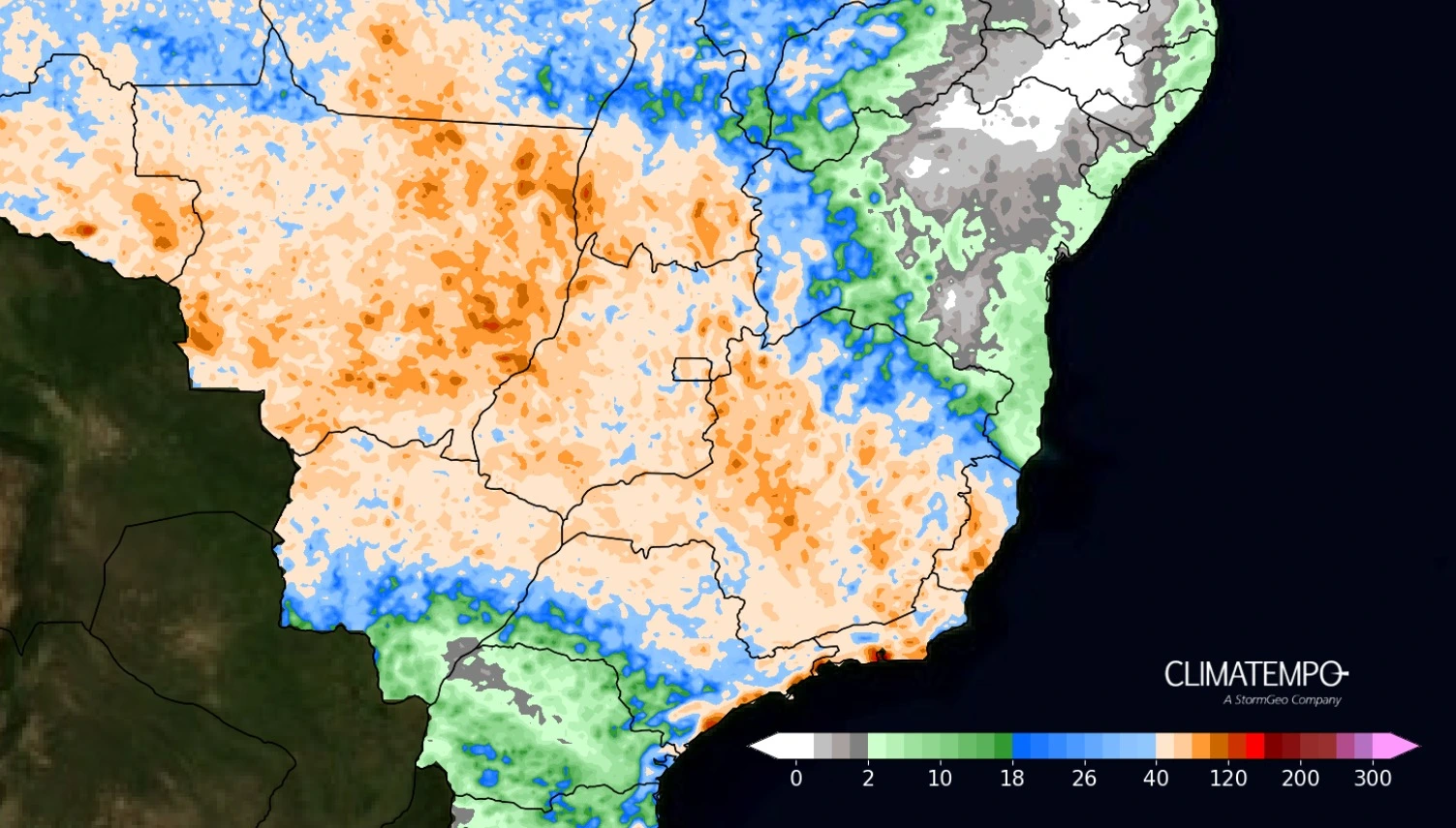 Trata-se de um mapa de previsão de acumulados para todo o país, do dia 24 ao dia 28