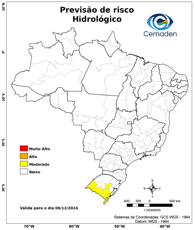A imagem mostra um mapa de alerta para alagamentos no Rio Grande do Sul