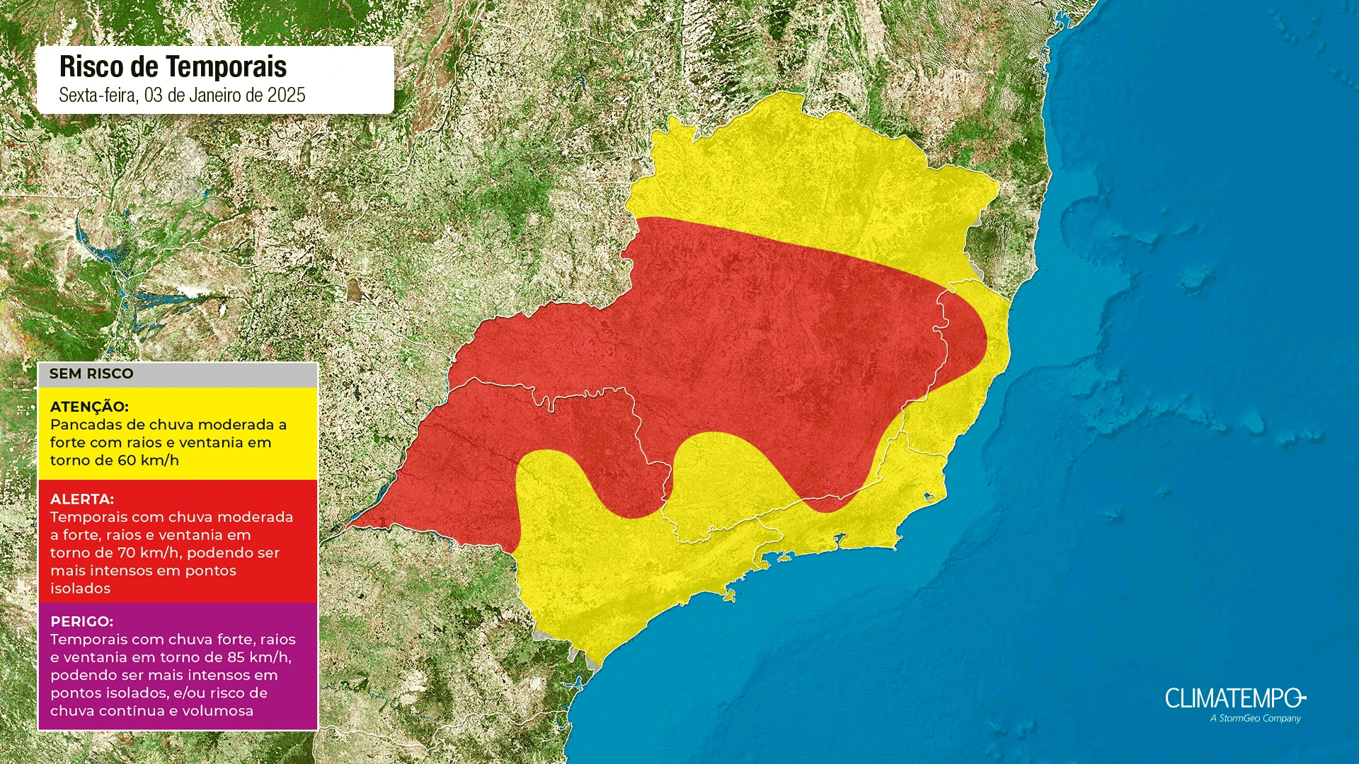 A imagem mostra um mapa para risco de temporais na região Sudeste 