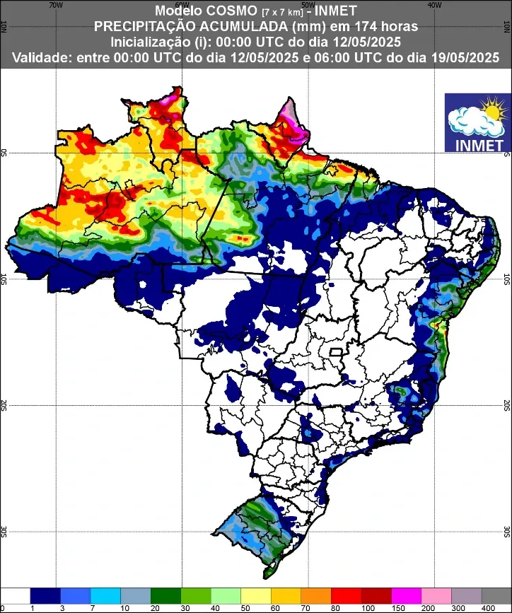Trata-se de um mapa para precipitações de 12 a 19 de maio no país
