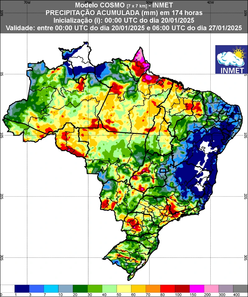 A imagem mostra um mapa de previsão de precipitações dos dias 20 ao 27 em todo o país