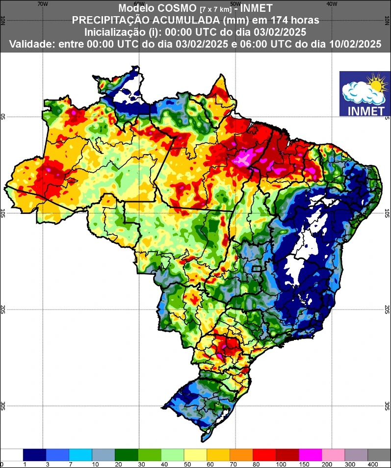 A imagem mostra um mapa para previsão de precipitações na primeira semana de fevereiro