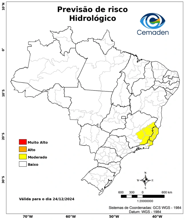 Trata-se de um mapa  de risco de alagamentos no dia 24 de dezembro no Sudeste