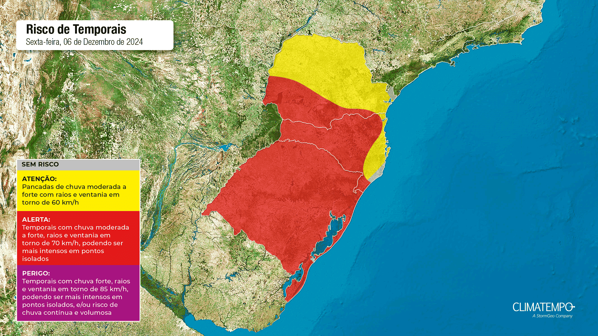 A imagem mostra um mapa para riscos de chuva no Rio Grande do Sul
