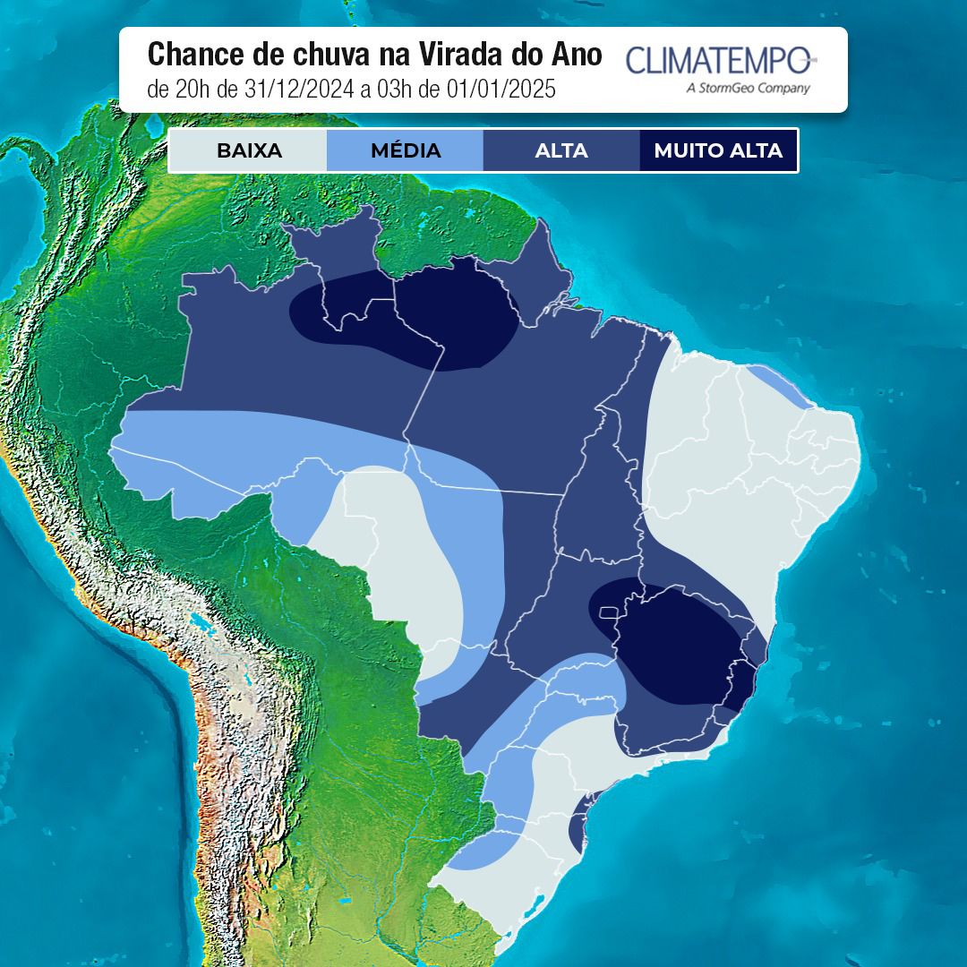 A imagem mostra um mapa para possibilidade de chuvas durante a virada do ano