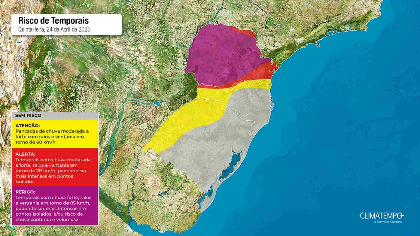 O mapa apresenta a previsão de temporais para esta quinta em Mato Grosso do Sul e Paraná