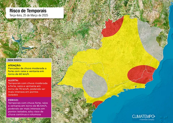 A imagem mostra as áreas em alerta para chuva intensa na região Sudeste do Brasil