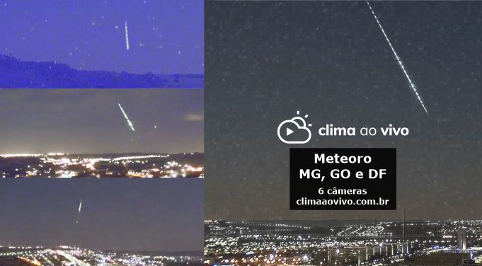 Na imagem mostra o registro das cameras ao capturar a passagem de um meteoro em três estados brasileiros Minas Gerais, Distrito Federal e Goiás